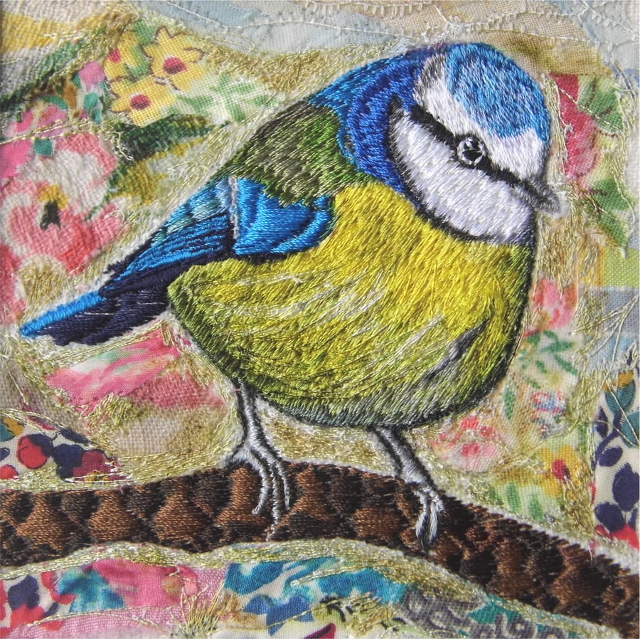 Blue tit - Original Embroidery Collage