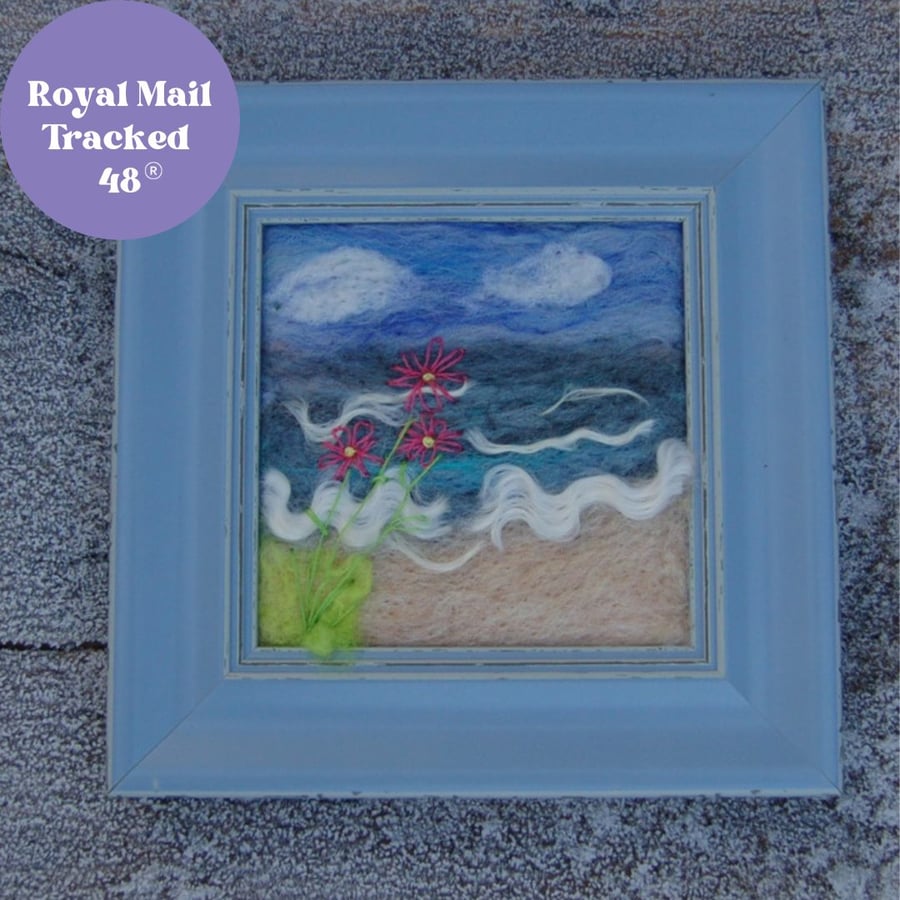 Needle felted and hand embroidered  picture - Beach daisies