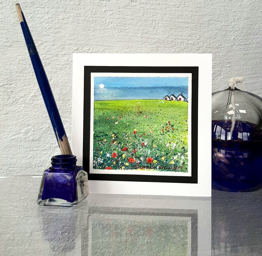 Poppy Field Handpainted Watercolour Card. Blank, Any Occasion. Notelet