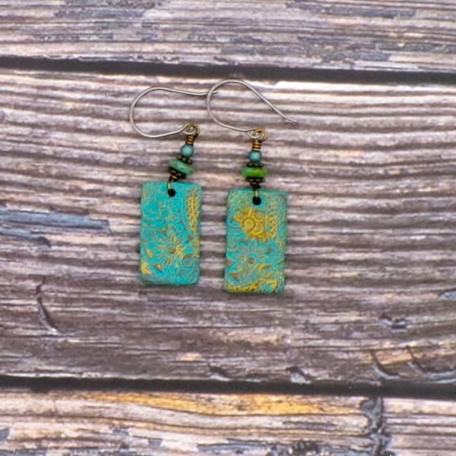 Handmade Polymer Clay Floral Earrings Green and Gold Dangle, Hypoallergenic
