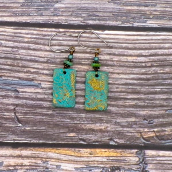Handmade Polymer Clay Floral Earrings Green and Gold Dangle, Hypoallergenic