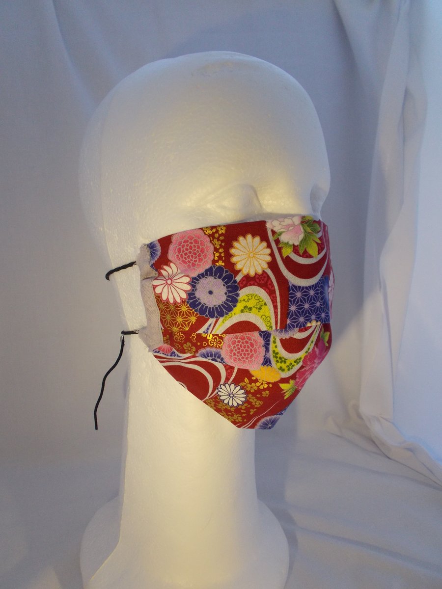 Adult Fabric Face Covering - Red and Gold flower Swirl