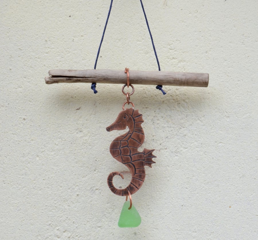 Copper, driftwood and seaglass hanging seahorse decoration