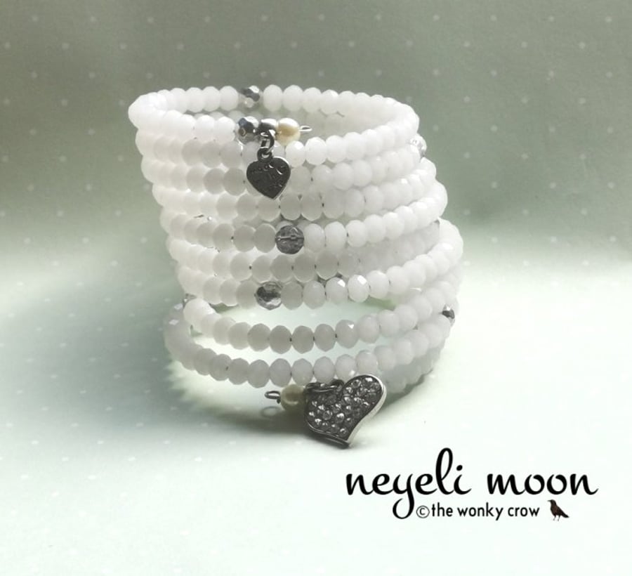 Facetted White Jade Multi 9 wrap Cuff Bracelet with Diamante heart