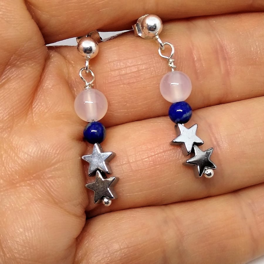 Lapis Lazuli & Hematite Star Drop 925 Sterling Silver Earrings