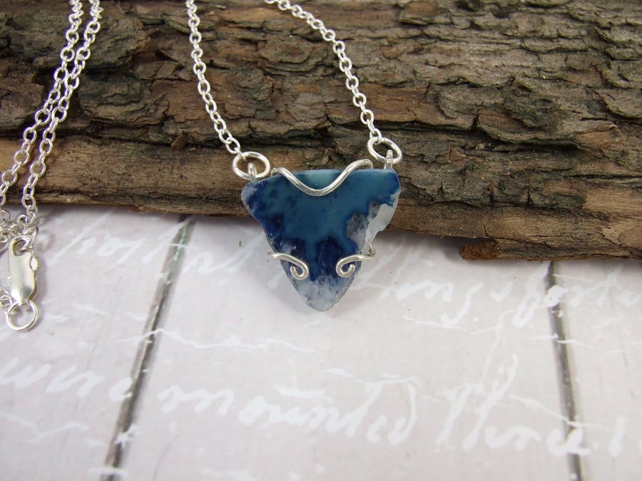 Sterling Silver, Necklace with Azure Agate Druzy Slice
