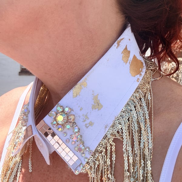 White & Gold Leaf Vintage Crystal Removable Statement Collar Sustainable Fashion