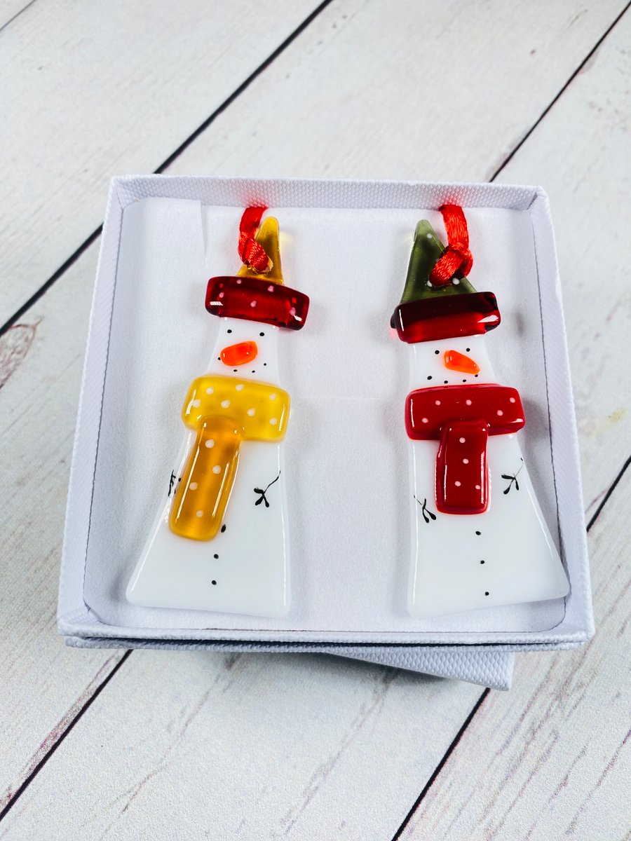 Fused glass snowmen ( pair) - Christmas decorations
