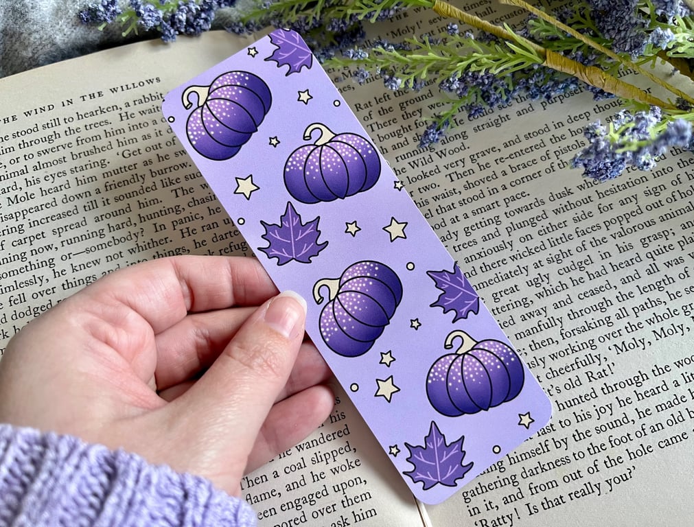 Purple Pumpkin Bookmark, Autumnal Halloween Stationery. 