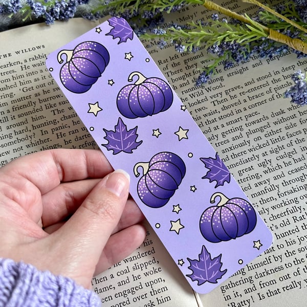 Purple Pumpkin Bookmark, Autumnal Halloween Stationery. 