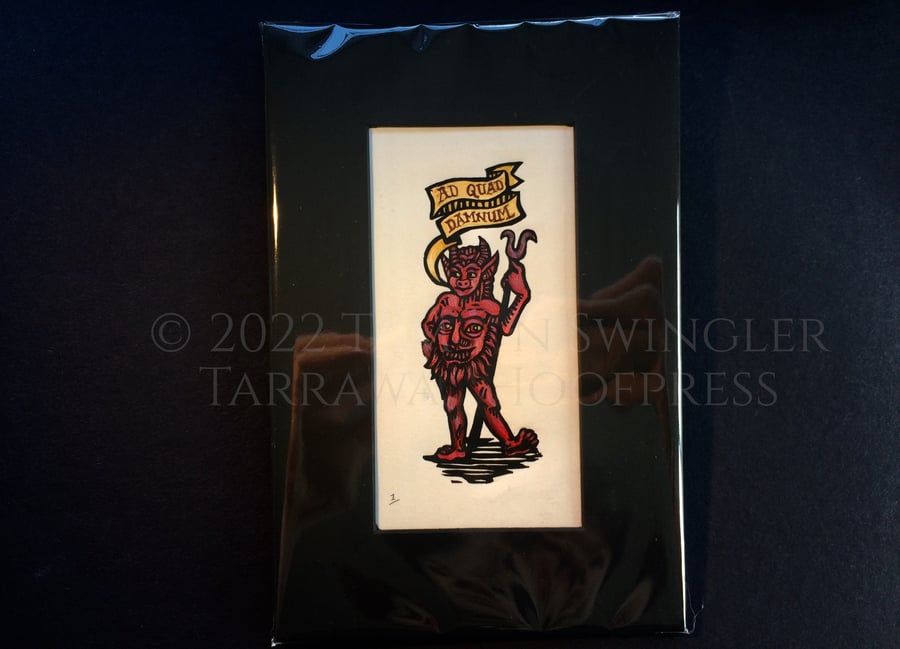 ad Quod Damnum - Linoprint Devil - Tiny Print - Hand Painted - Red