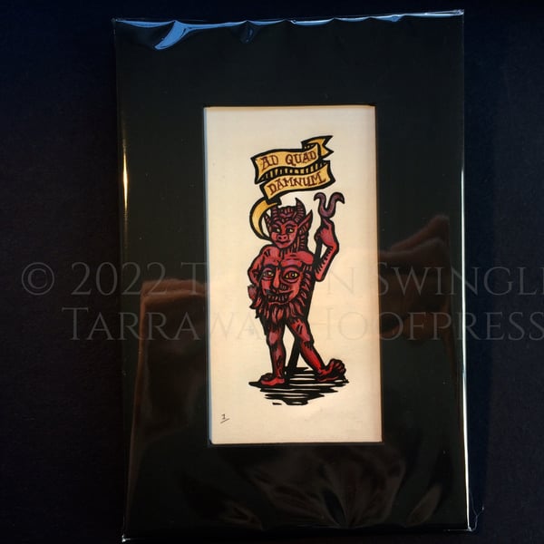 ad Quod Damnum - Linoprint Devil - Tiny Print - Hand Painted - Red