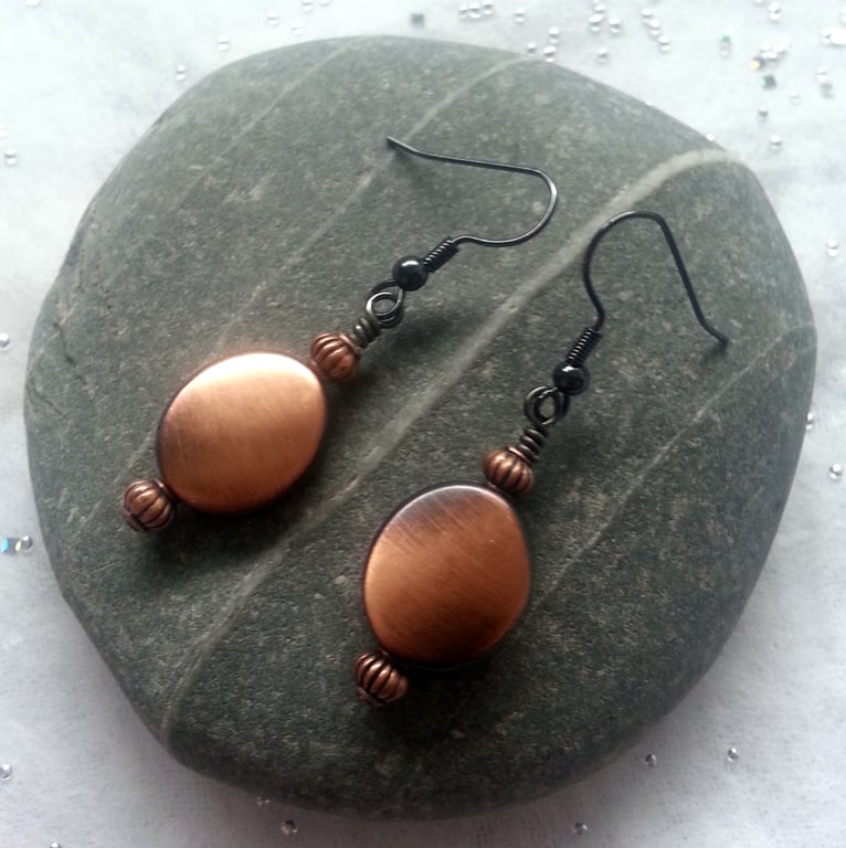 Copper Disc Earrings - Brown Copper Bead Dangle Earrings