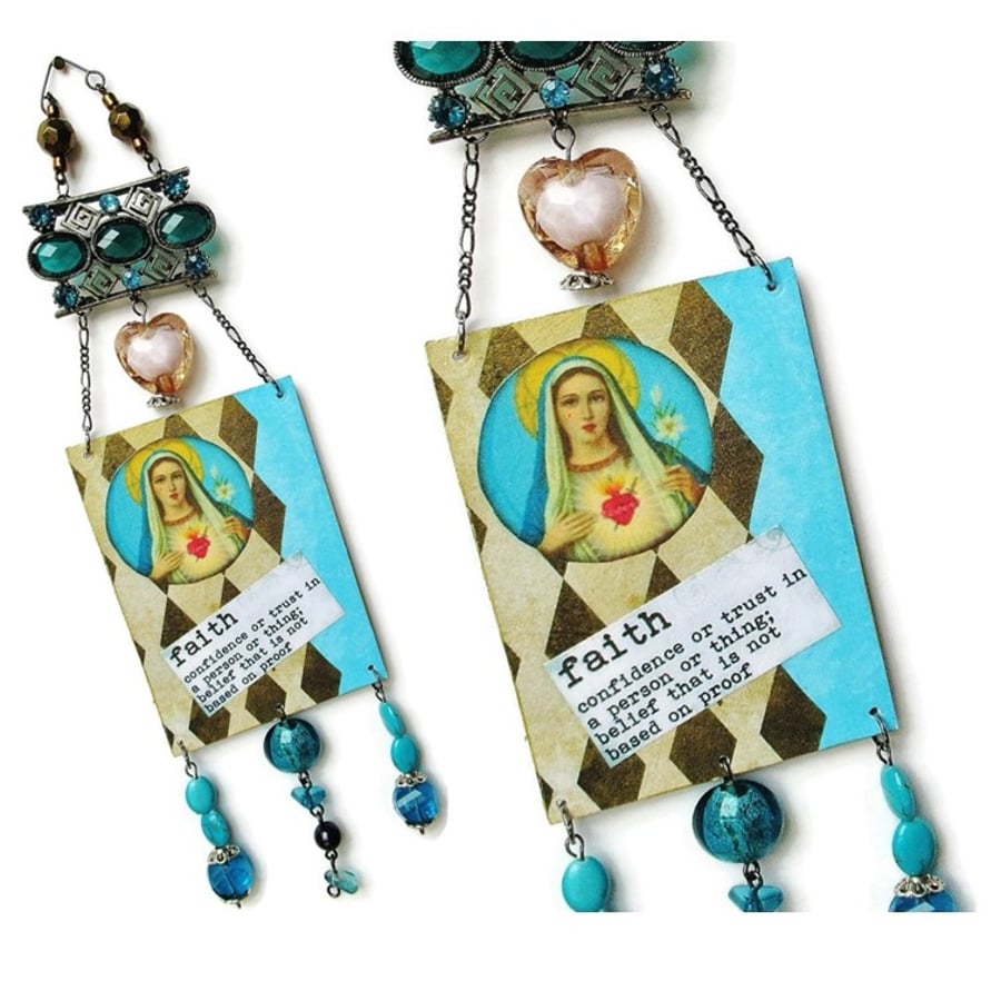 Virgin Mary Beaded Assemblage Artwork Ornament Christian Religious Faith Art