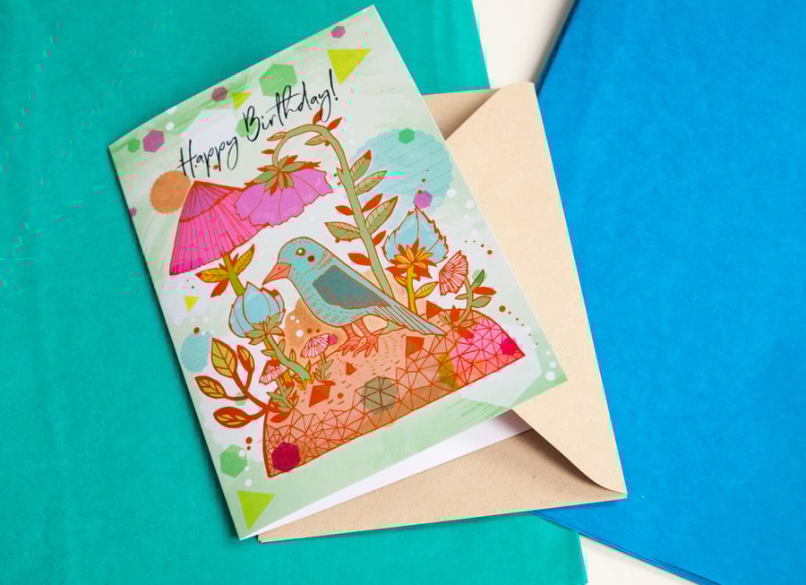 Blue Bird Happy Birthday Card - Stationery - Blank Greeting Card- Illustrated