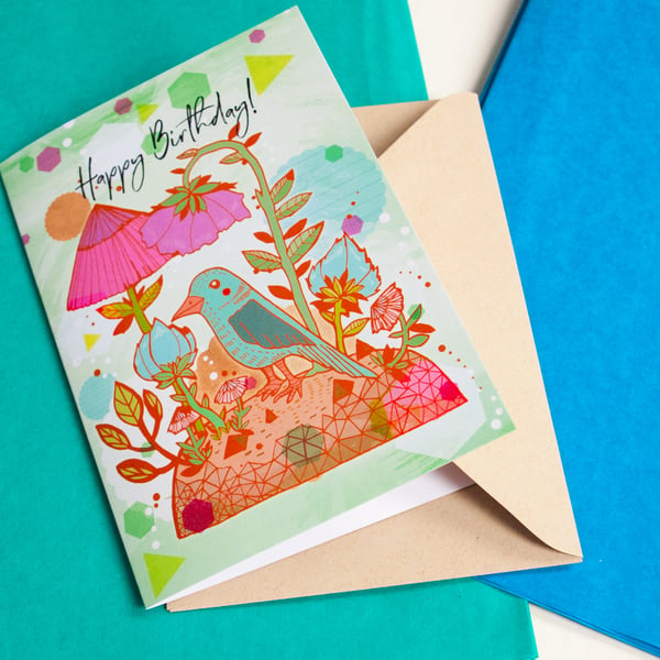Blue Bird Happy Birthday Card - Stationery - Blank Greeting Card- Illustrated