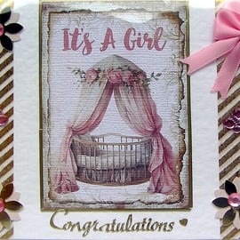 Hand Crafted Decoupage Card "New Baby Girl" Congratulations (2598)