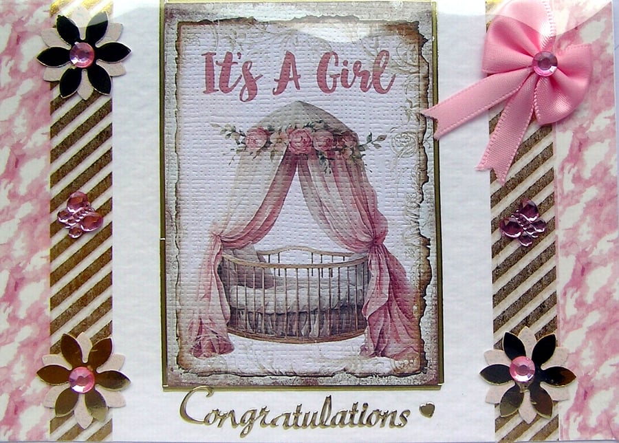 Hand Crafted Decoupage Card "New Baby Girl" Congratulations (2598)