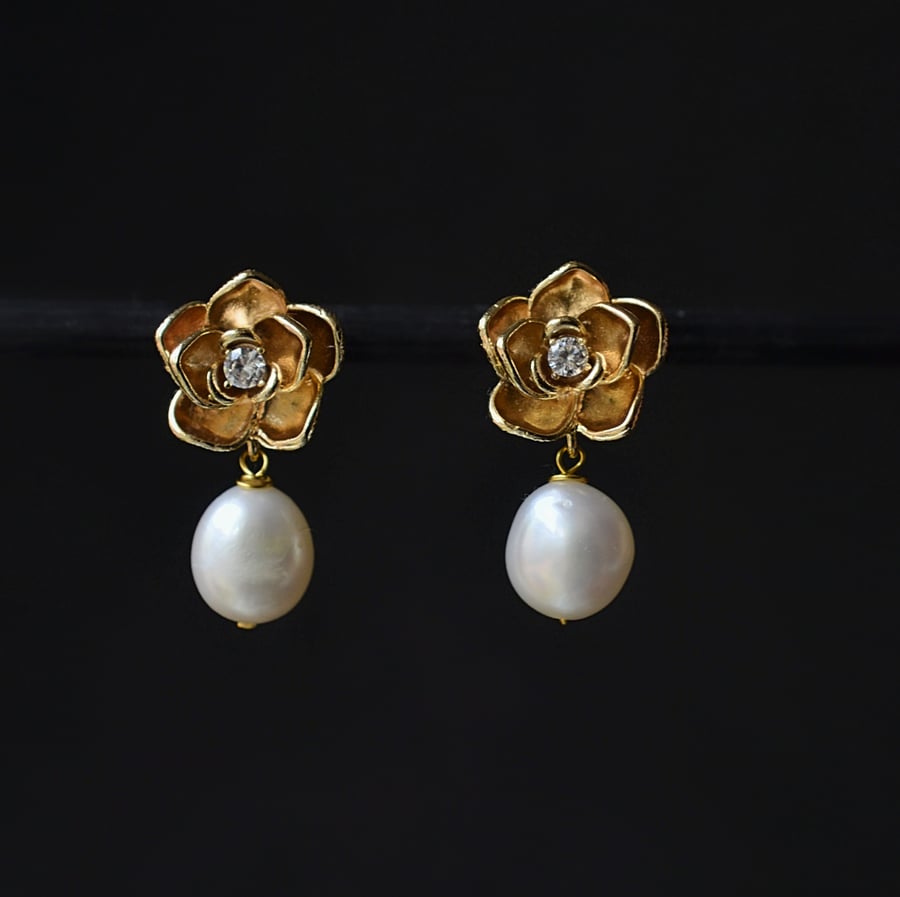 Floral pearls earrings, 18k gold plated rose earrings