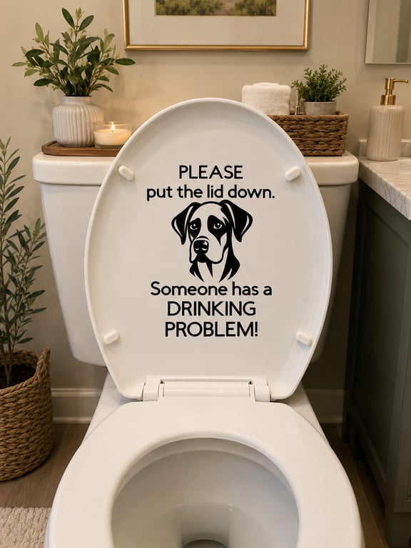 Funny Dog Toilet Lid Decal – 'Put the Lid Down' Pet Drinking Joke