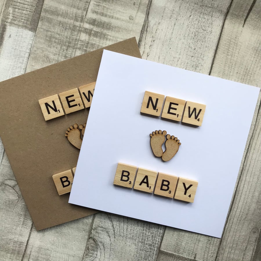 Handmade New Baby Card with Scrabble Tiles & Wooden Feet