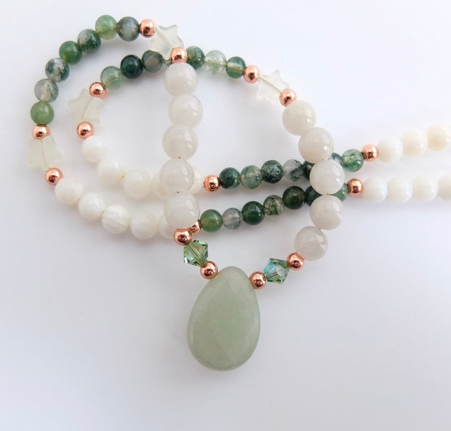 Jade, Moss Agate & Shell Necklace with Swarovski Crystals & Jade Stars.