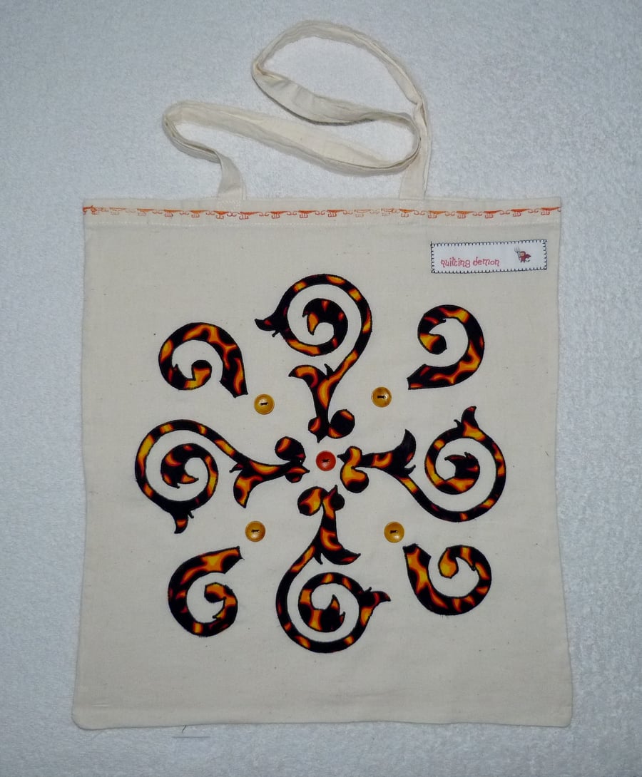 Applique Swirls Design Cotton Canvas Bag with Long Handles. Button Embellishment