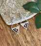 Lightweight geometric beadwork earrings in silver, black and deep raspberry 