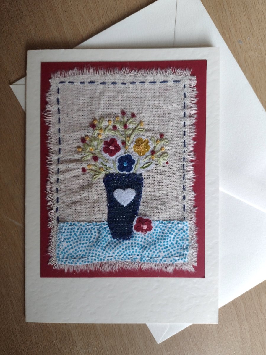 Vase of Flowers hand-stitched card - fabric card - textile card - keepsake card