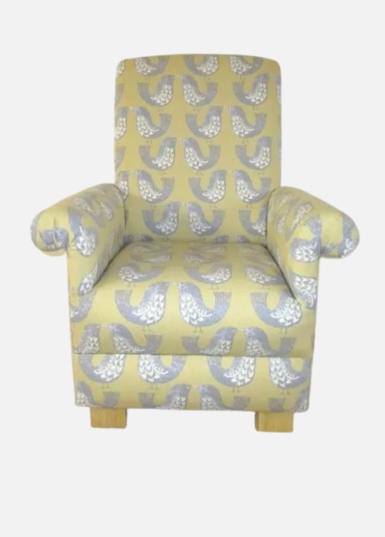 Scandi Bird Fabric Child's Chair Armchair Grey Mustard Nursery Children Bedroom