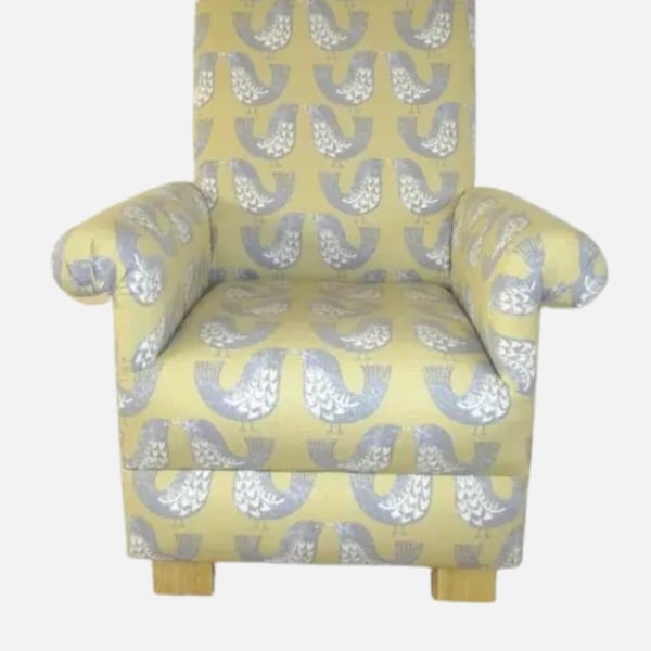 Scandi Bird Fabric Child's Chair Armchair Grey Mustard Nursery Children Bedroom