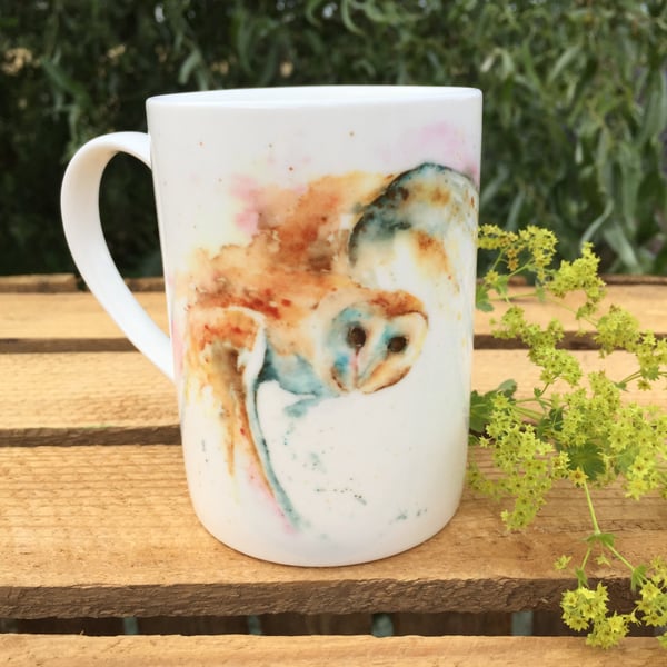 Barn Owl Watercolour Bone China Mug, China Cup, Wildlife Art Mug by Watercolour 