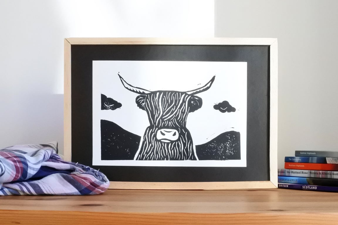 Black Highland Cow – Original Handmade Lino Print