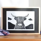 Black Highland Cow – Original Handmade Lino Print