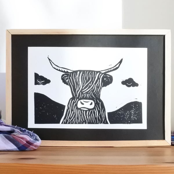 Black Highland Cow – Original Handmade Lino Print