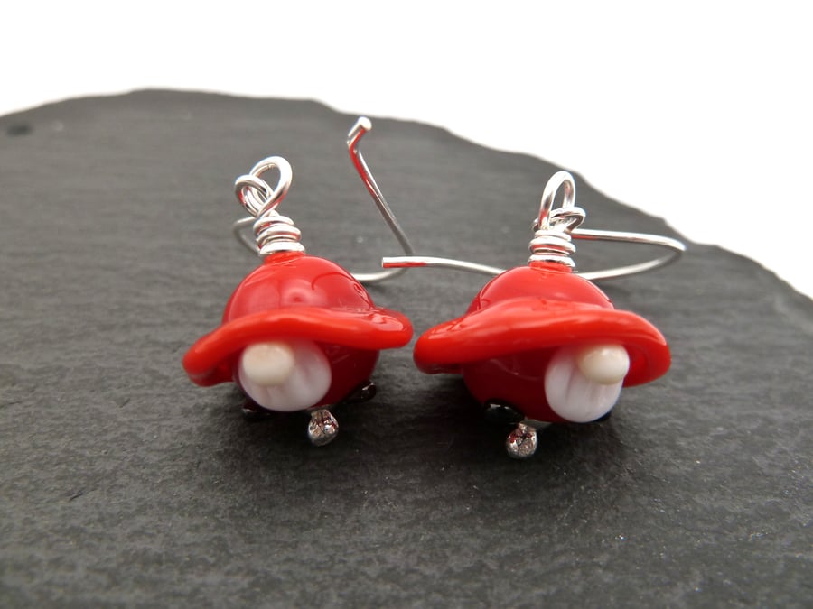 lampwork glass red gnome earrings, sterling silver jewellery