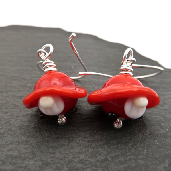 lampwork glass red gnome earrings, sterling silver jewellery