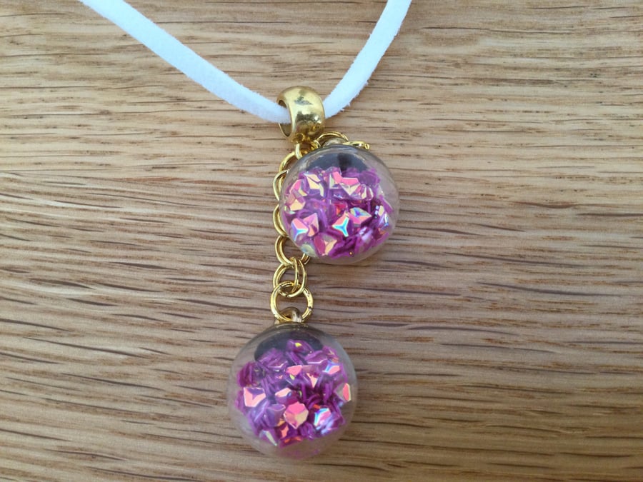 Pink Glass Globe Glitter Ball Pendant Necklace