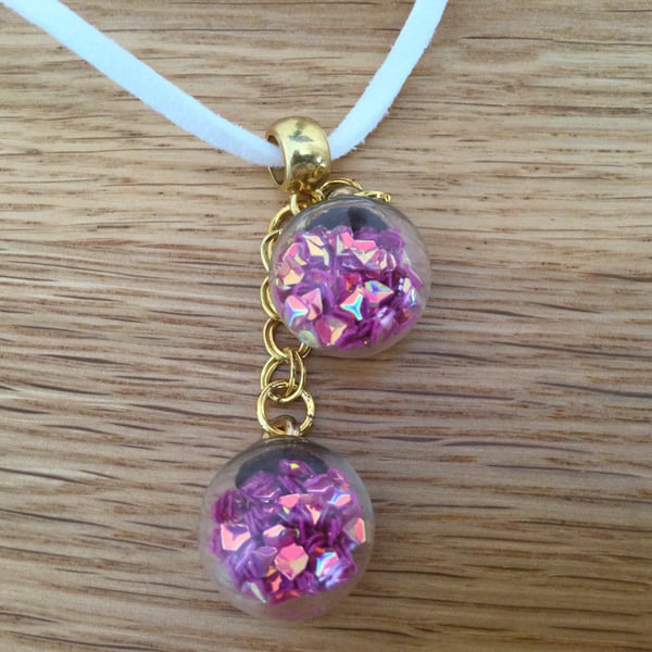 Pink Glass Globe Glitter Ball Pendant Necklace