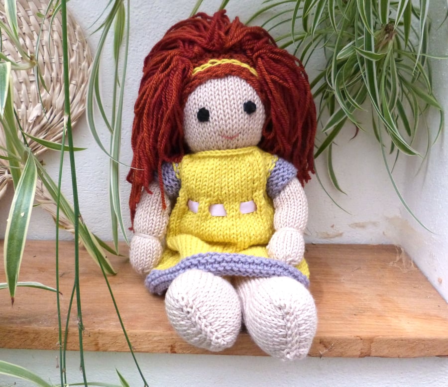 Doll. 12" Hand Knitted Doll Red Hair Doll Handmade in Wool With  Removable Dress