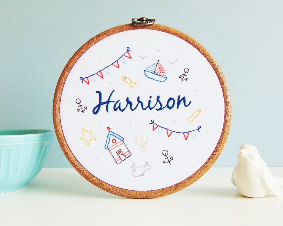 Nautical New Baby Gift, Nautical Nursery Decor, Hand Embroidered Hoop
