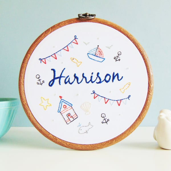 Nautical New Baby Gift, Nautical Nursery Decor, Hand Embroidered Hoop