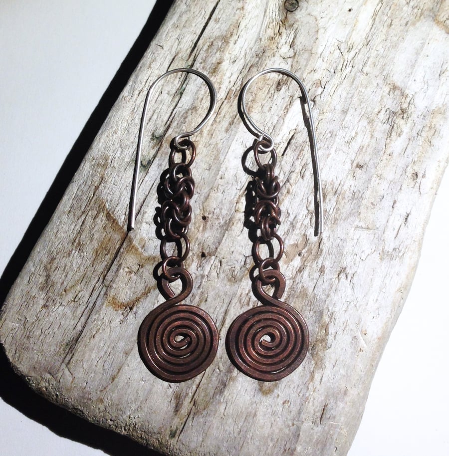Antiqued Copper Byzantine Spiral Earrings (ERCUDGCM1) - UK Free Post