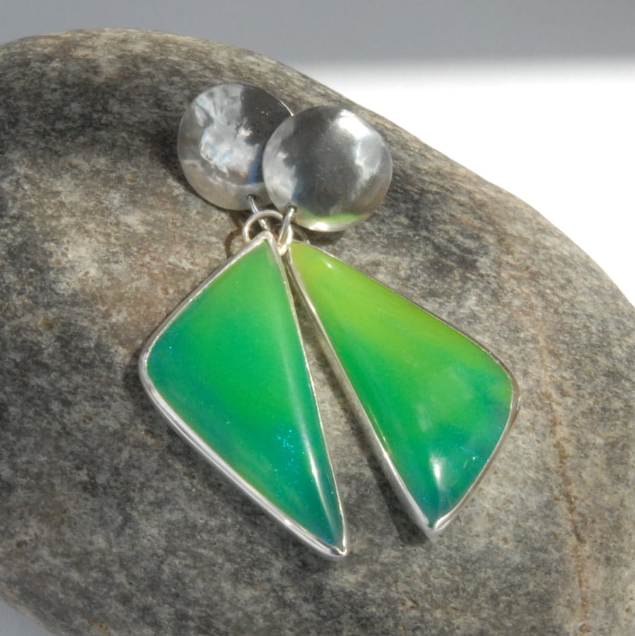 Statement asymmetric bright green bowlerite and sterling silver earrings