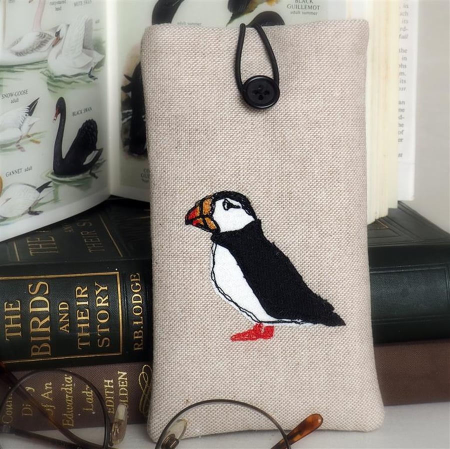 Glasses Spectacles Case Puffin Handmade Freehand Machine Embroidered