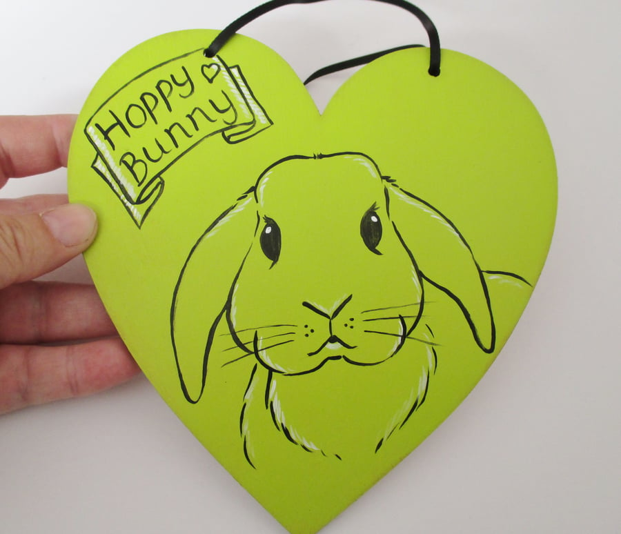 SALE Bunny Rabbit Decorative Hand Painted Heart Lime Green Hoppy Bunny