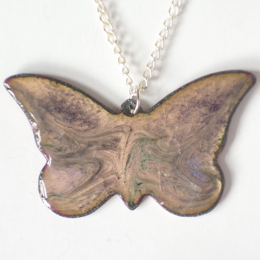 purple over golden-brown scrolled butterfly pendant - 