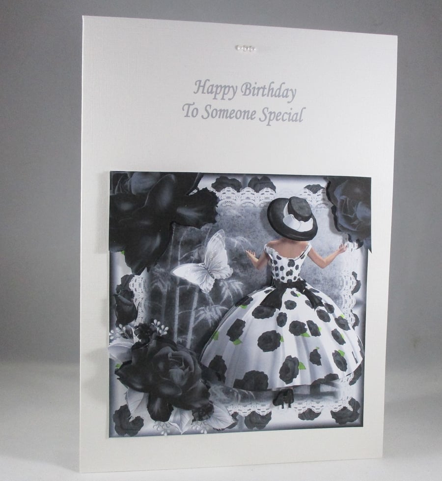 Decoupage,3D Elegant Lady Birthday Card, Black and White, Personalise