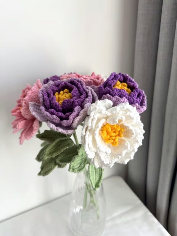 Crochet Peony,Handmade Peony,Gift for Teacher,Home Decor,Peony with Leaves