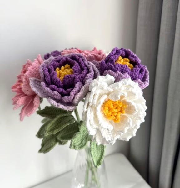 Crochet Peony,Handmade Peony,Gift for Teacher,Home Decor,Peony with Leaves